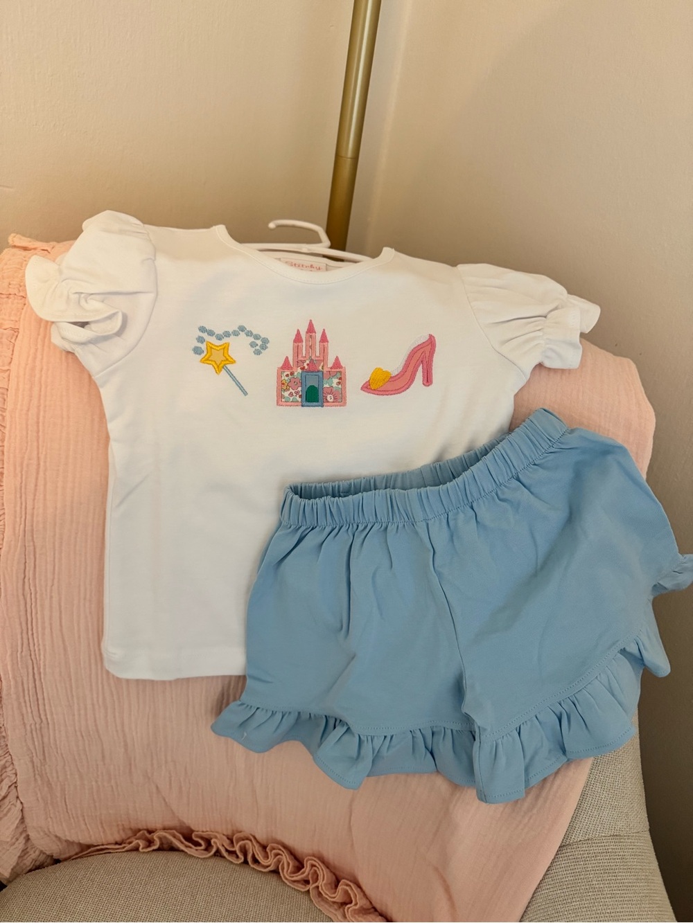 Stitchy Fish Girls White Princess Tee & Light Blue Ruffle Shorts Set